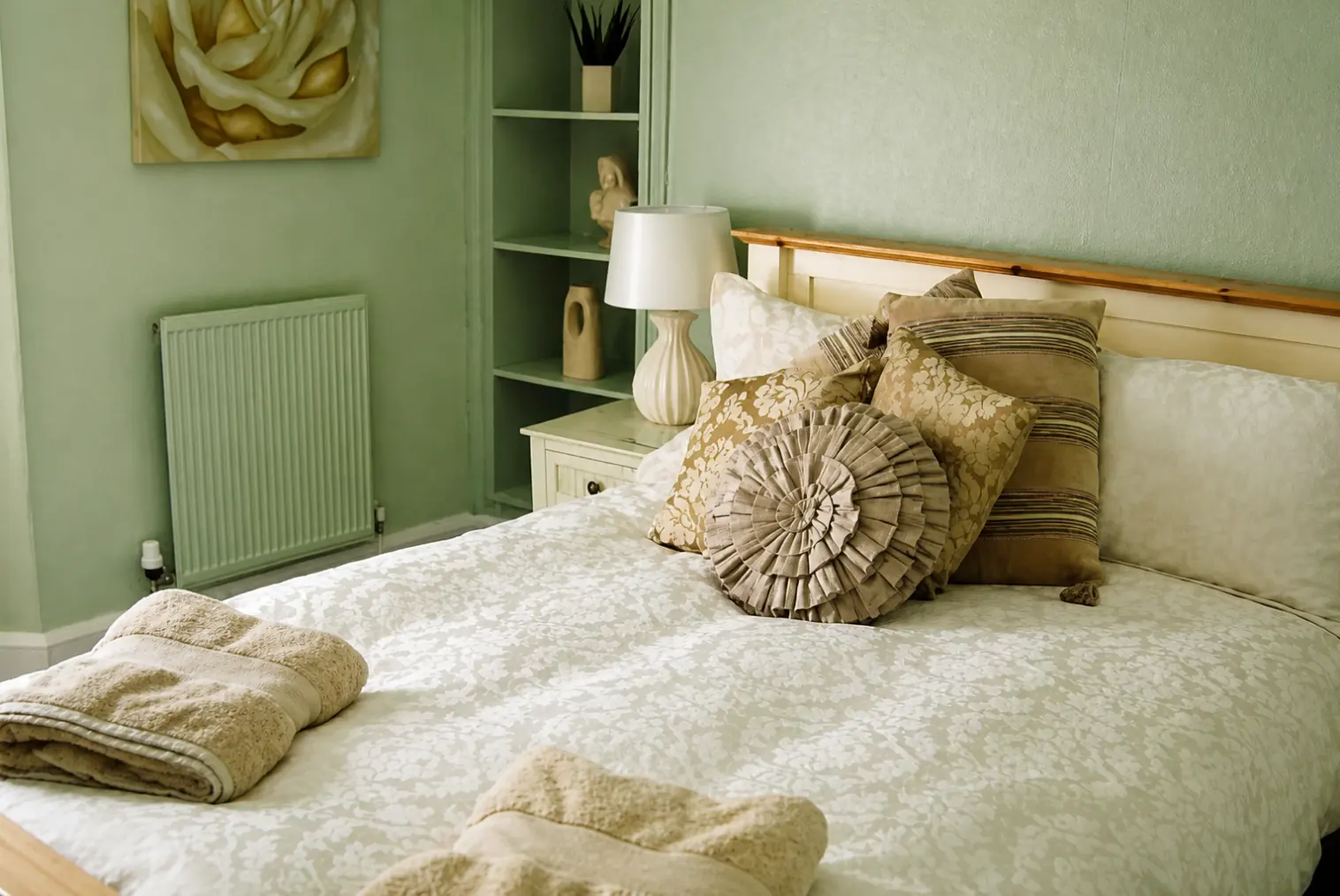 Double bed with cushions and folded towels in a green painted room